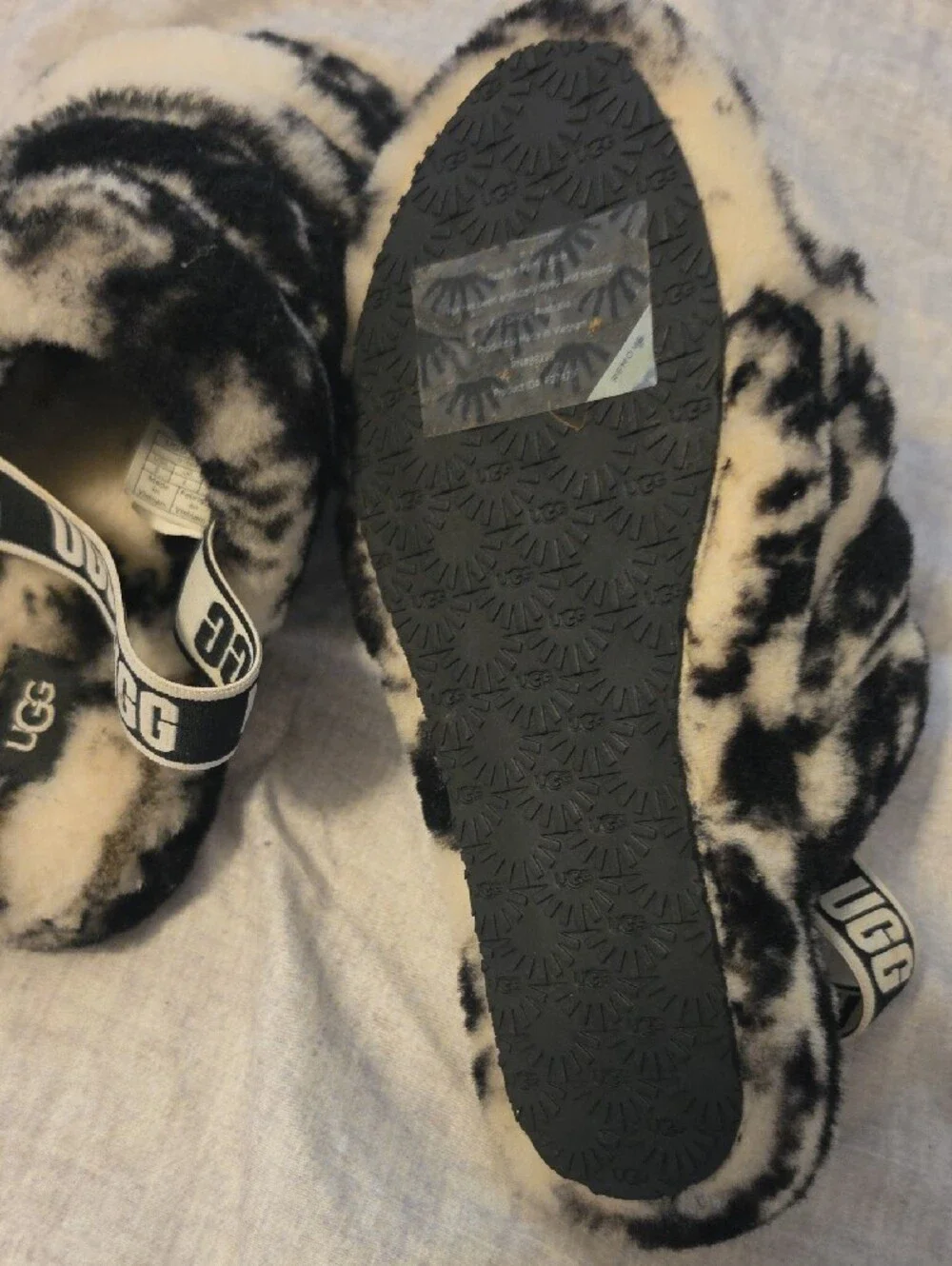 UGG Kids Black & White Fluffy Slide Slippers with Branded Strap